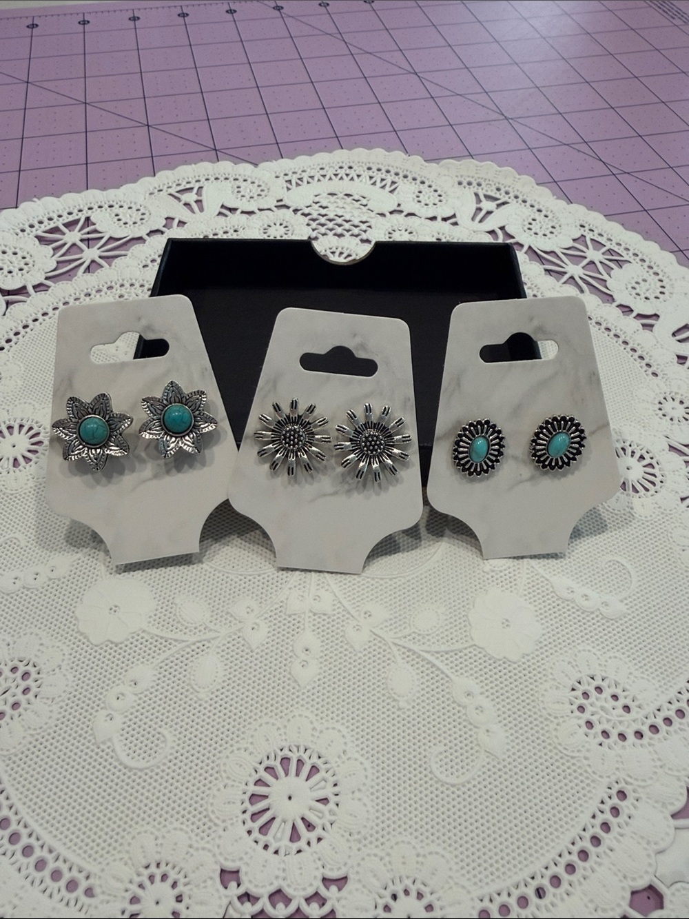 Turquoise Silver Floral Stud Earring Trio very lightweight